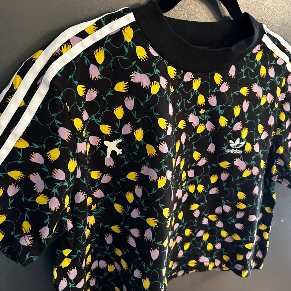adidas Black Floral Short Sleeve Tee with White Stripes - Picture 4 of 13